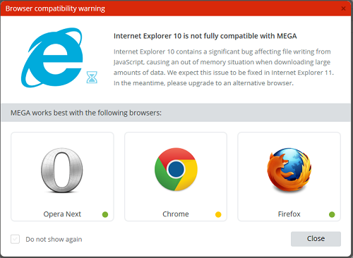 Non è possibile utilizzare MEGA con altri browser di navigazione.